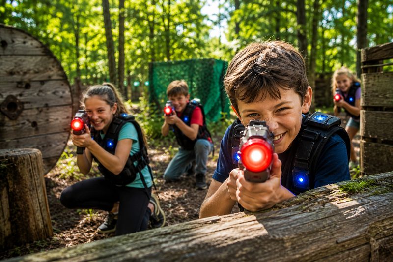 A camp group at the laser tag field