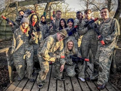 A birthday party group at the laser tag field