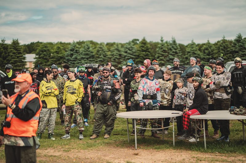 A large-scale paintball scenario game in progress at Cousins Adventure Parks