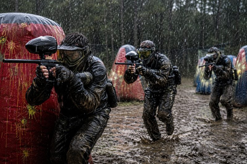 Paintball players on the field in wet weather at Cousins Adventure Parks